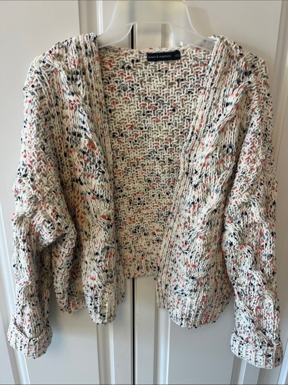 moon & madison Cream Speckled Open-Front Knit Cardigan with Pink & Black Flecks